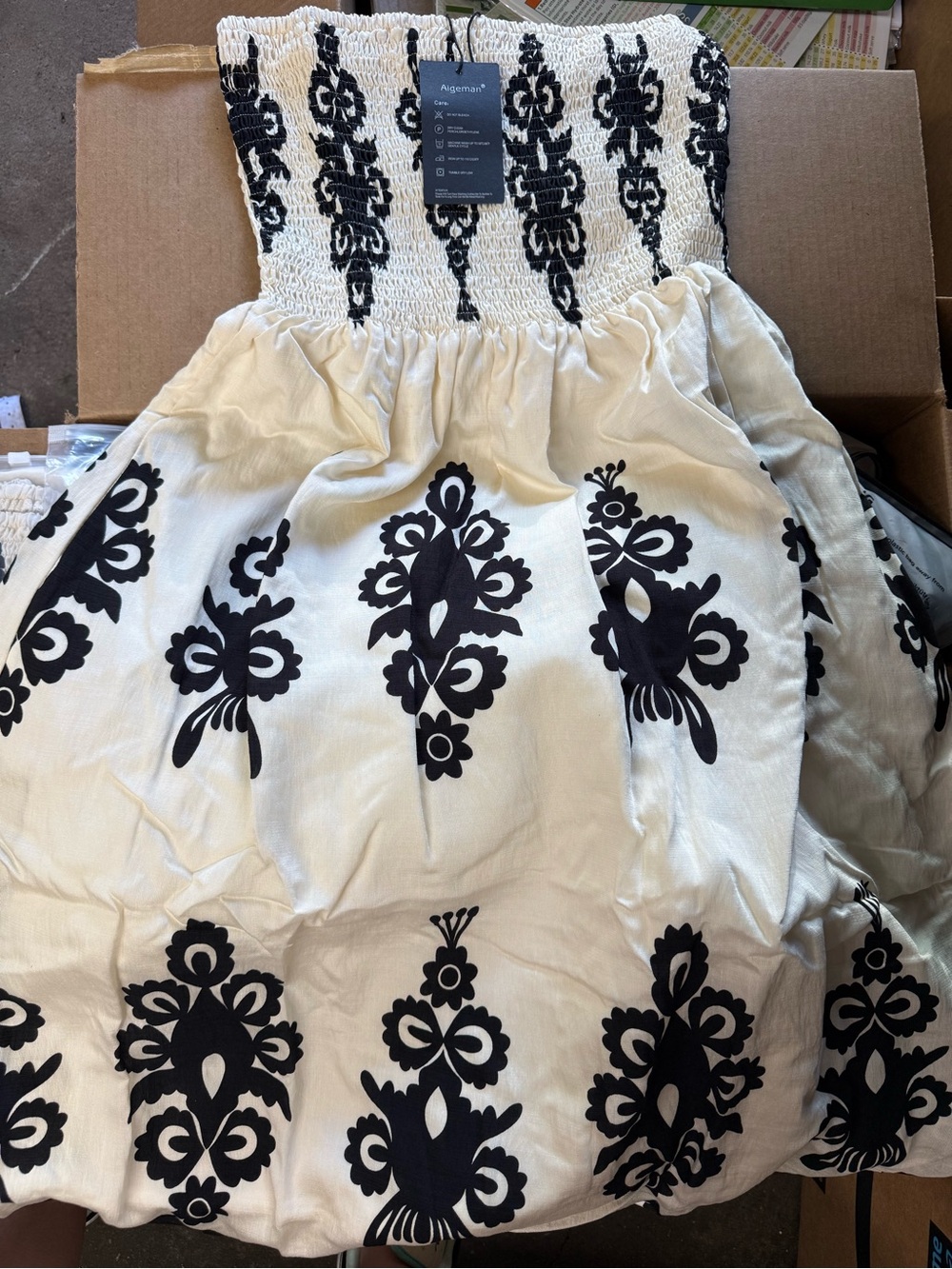 Strapless Black & Cream Smocked Midi Dress - Picture 1 of 1